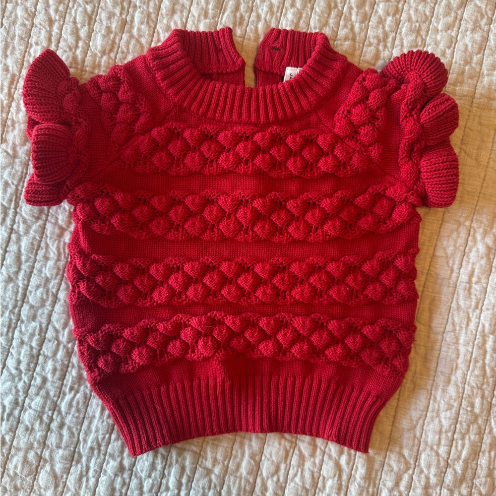 Janie and Jack Red Knit Sweater with Ruffle Sleeves